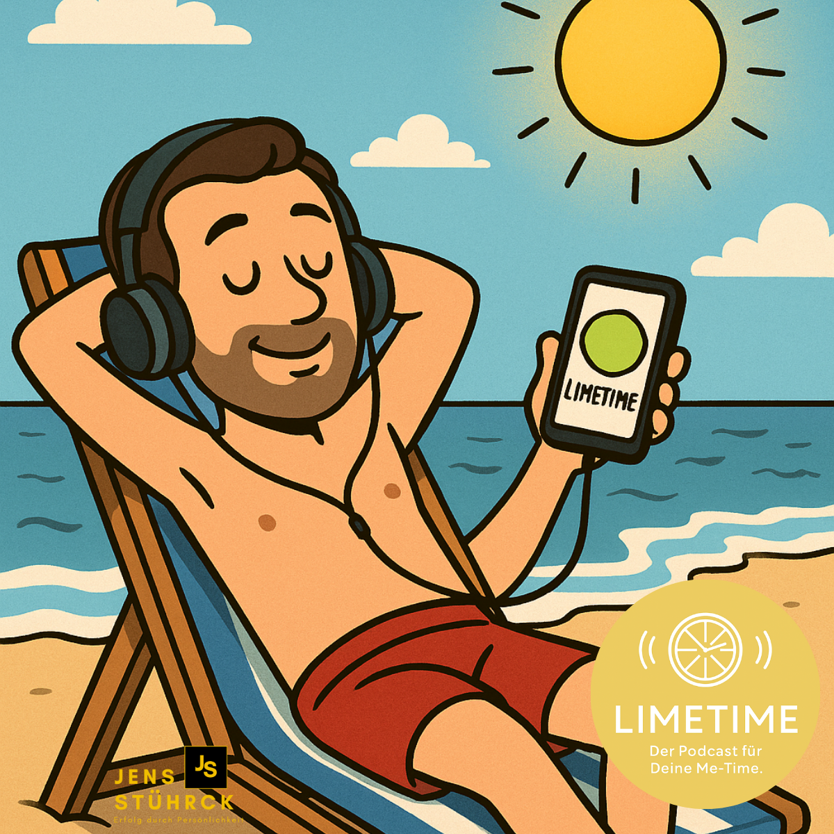 Ein Mann der auf einer Sonnenliege Podcast hört und in der Sonne liegt. Sommer, Sonne, Limetime