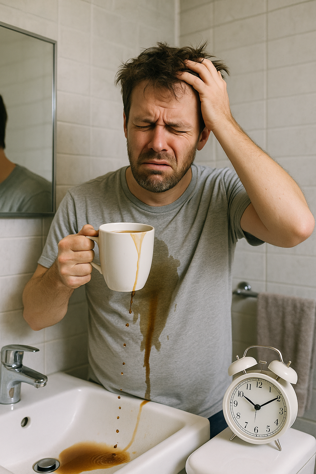 Ein Mann im Badezimmer der sich Kaffee auf das T-Shirt gegossen hat und ein Wecker der auf dem Waschbecken steht.